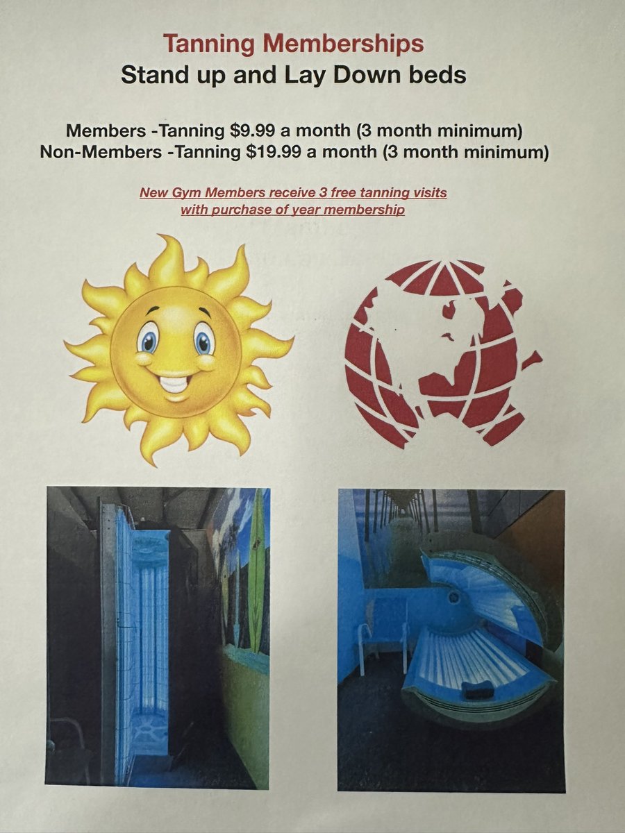 RobQuimby's tweet photo. 🌞☀️Tanning Memberships💪💯
Stand up and Lay Down beds

Members -Tanning $9.99 a month (3 month minimum)
Non-Members -Tanning $19.99 a month (3 month minimum)

New Gym Members receive 3 free tanning visits with purchase of year or more   
#tan #tanning #tansalon #gymtan https://t.co/Ki9CaaDXAv