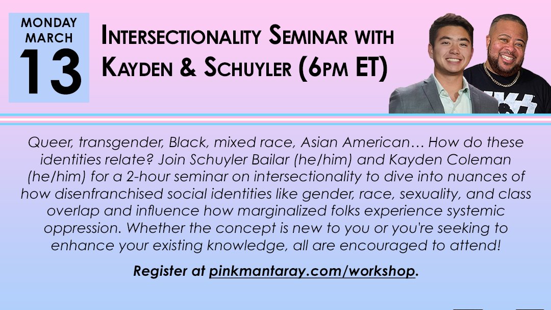 Schuyler Bailar (he/him) (@sb_pinkmantaray) on Twitter photo Banned LGBTQ+ books and Black History Month content, the Dobbs decision, hundreds of anti-trans laws... How these intersect to create specific dynamics of oppression? Join our Intersectionality Seminar w <a href="/kaydenxcoleman/">Kayden X Coleman</a> on Mar 13, register at pinkmantaray.com/workshop! Banned LGBTQ+ books and Black History Month content, the Dobbs decision, hundreds of anti-trans laws... How these intersect to create specific dynamics of oppression? Join our Intersectionality Seminar w <a href="/kaydenxcoleman/">Kayden X Coleman</a> on Mar 13, register at pinkmantaray.com/workshop!