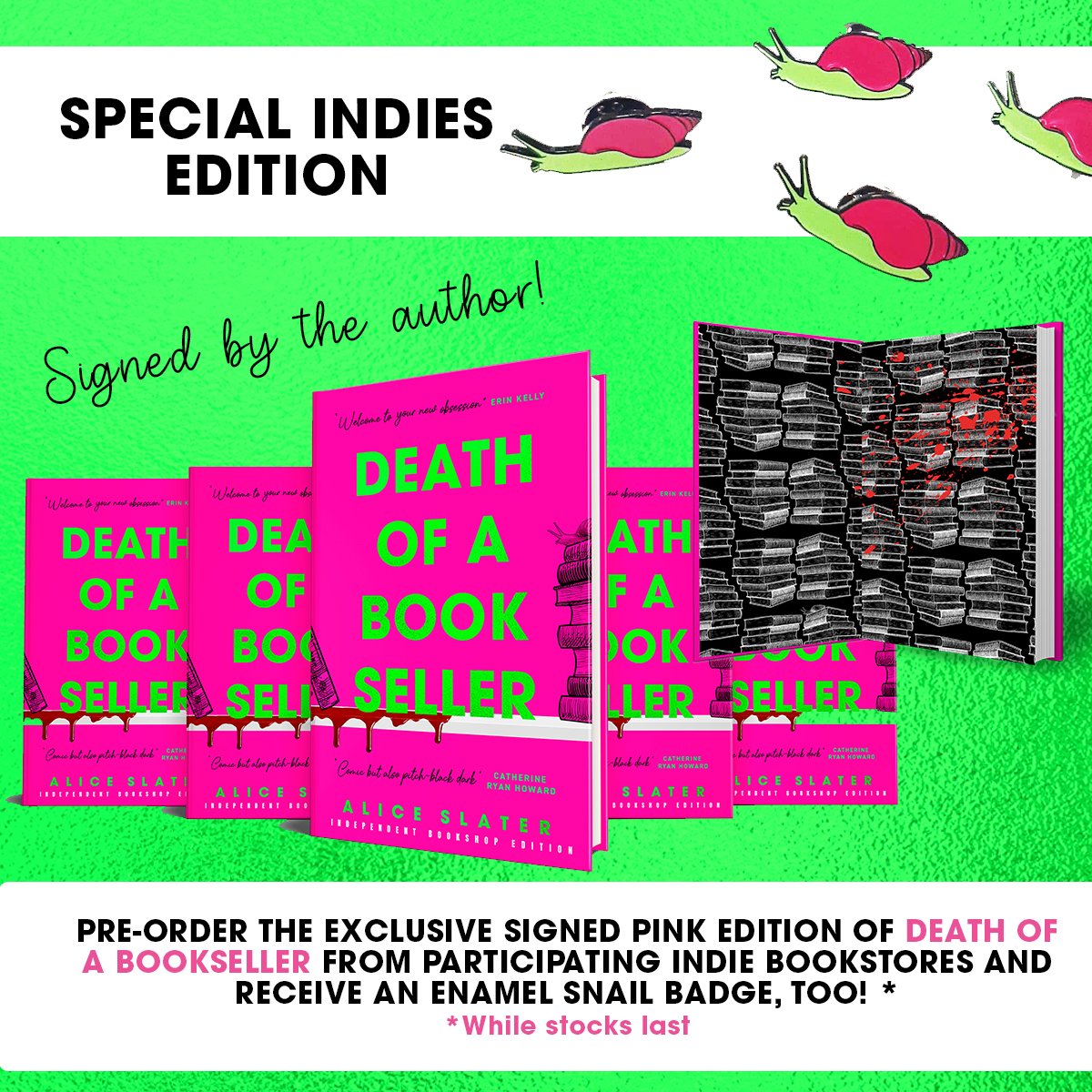 We're thrilled to be on the list of bookshops stocking this exclusive signed pink edition of @alicemjslater's debut thriller #DeathOfABookseller! The book comes out on the 27th of April, so make sure you pre-order your limited edition before then through indiesdoab.carrd.co
