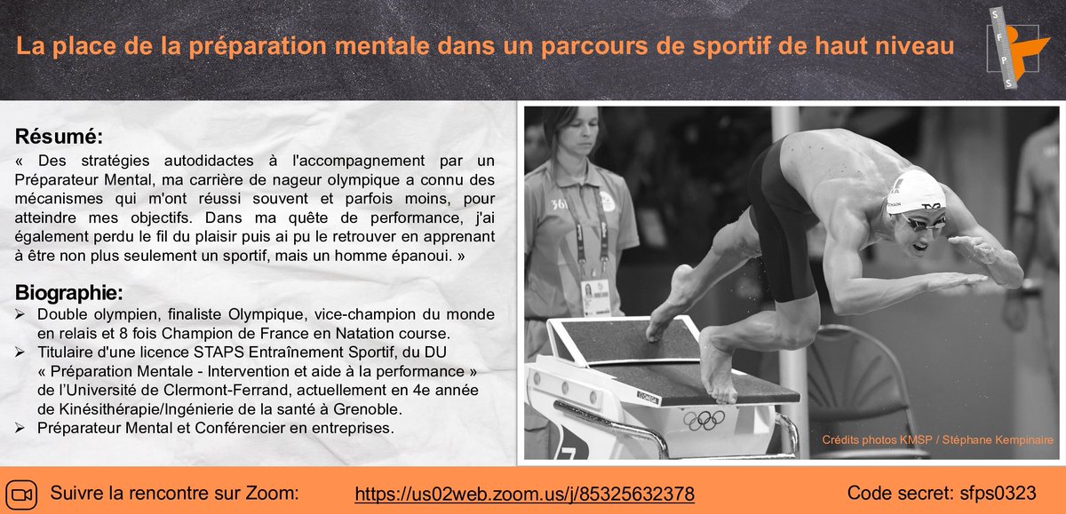 sfpsport's tweet photo. 📆 Save the date ! 📆

C'est parti pour les événements de 2023 !
Le 7 Mars nous accueillerons Jordan POTHAIN, nageur 🏊 double olympien à Rio et Tokyo ! 🤩
Il viendra nous parler de la place de la préparation mentale 🧠 dans un parcours de sportif de haut niveau ! https://t.co/FliQcLxl6t