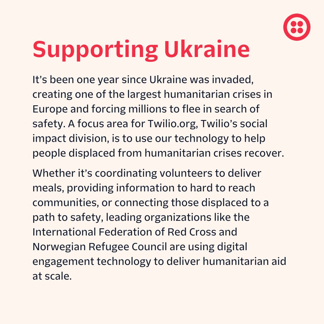 TwilioDotOrg's tweet photo. As the crisis in Ukraine continues, we will continue to work with nonprofits to provide relevant support to people in need efficiently, and at scale.
Learn more about how nonprofits use digital engagement technology to deliver aid at scale https://t.co/TKllQGglWF
#Tech4Ukraine https://t.co/9GFiCJ4HmQ
