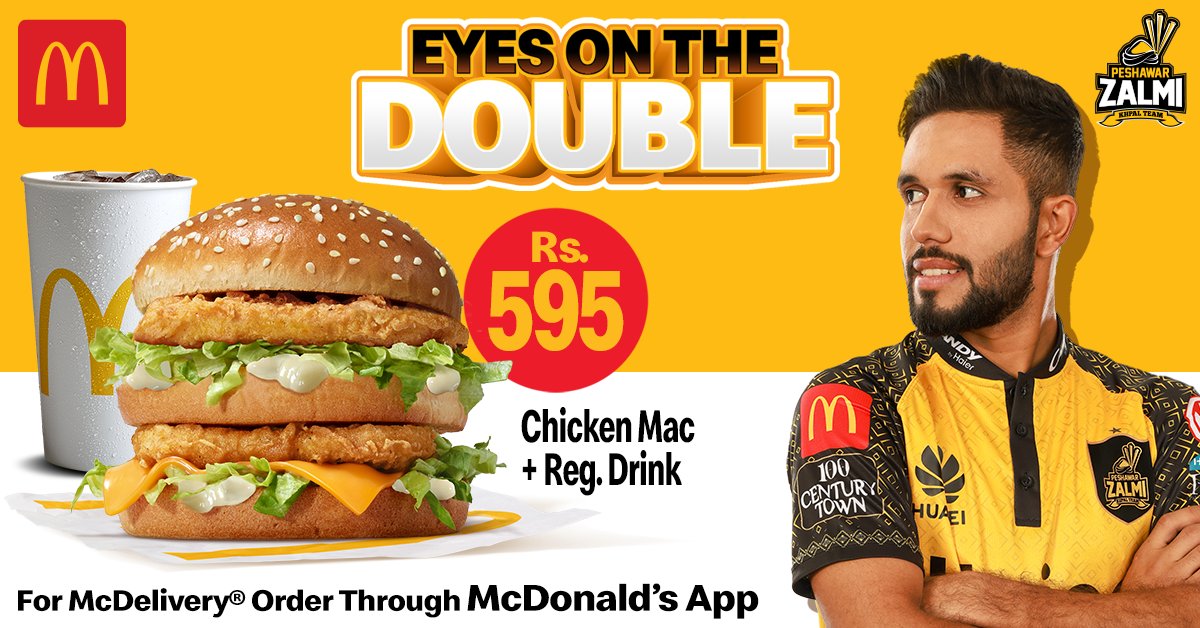 McDonaldsPK's tweet photo. Haris has got his eyes on the double prize 😋 What about you?
Order our @PeshawarZalmi Deal of Chicken Mac & Reg. Drink for just Rs.595 & enjoy the cricket season! ✨
Order now:
https://t.co/kABfGt1lcc
#McDonaldsPakistan #ChickenMac #PSL #T20 #Zalmi #BabarAzam https://t.co/uYb7MIODNL
