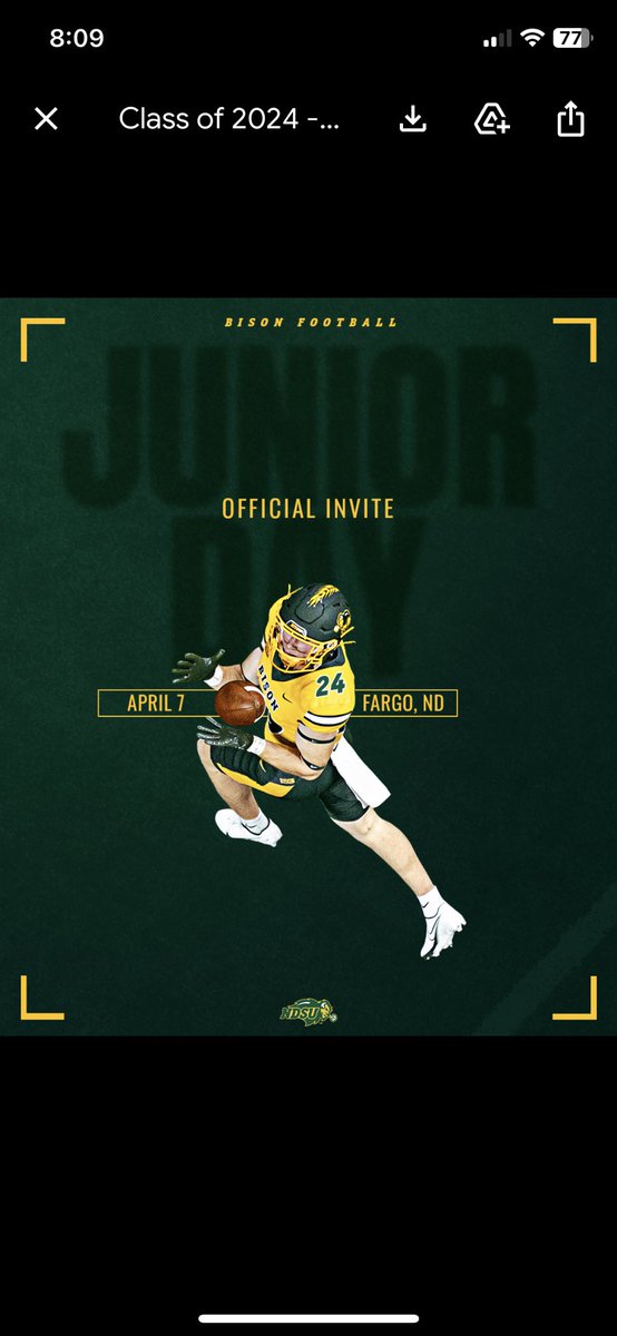 Thank you <a href="/NDSUfootball/">NDSU Football</a> for the official invite!!!
@PetersNDSU <a href="/LegacySaberFB/">LHS Saber Football</a>  <a href="/Coach_Entz/">Coach Matthew Entz</a> <a href="/TheCoachClem/">Coach Clem</a>