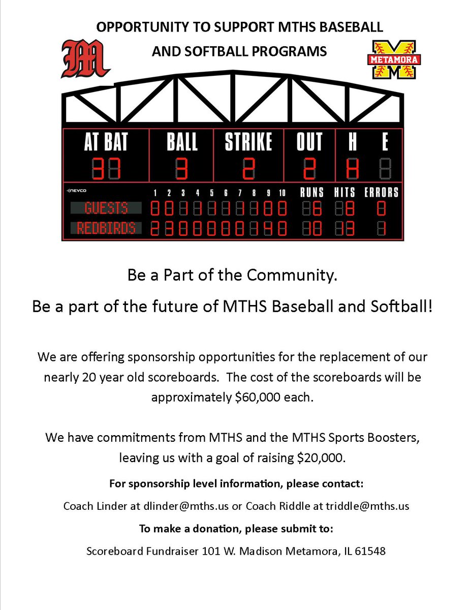 Over the past few years we have made a lot of improvements to our softball facilities.  To cap it off, we are installing a new scoreboard, but we need your help.  Please consider giving a donation to our project.  Any amount helps, and we have less than 20% to raise.  See PDF