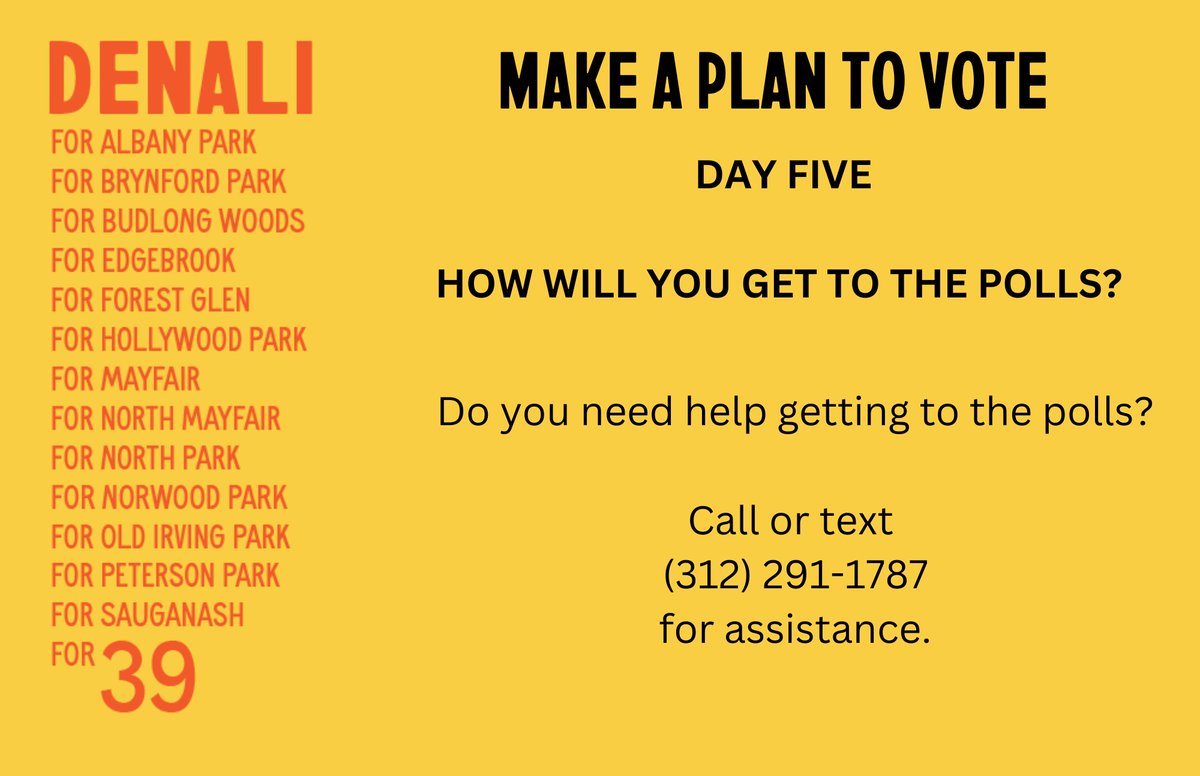 Make a plan to vote!

If you need a ride to the polls in the 39th Ward, please let us know. 🗳️