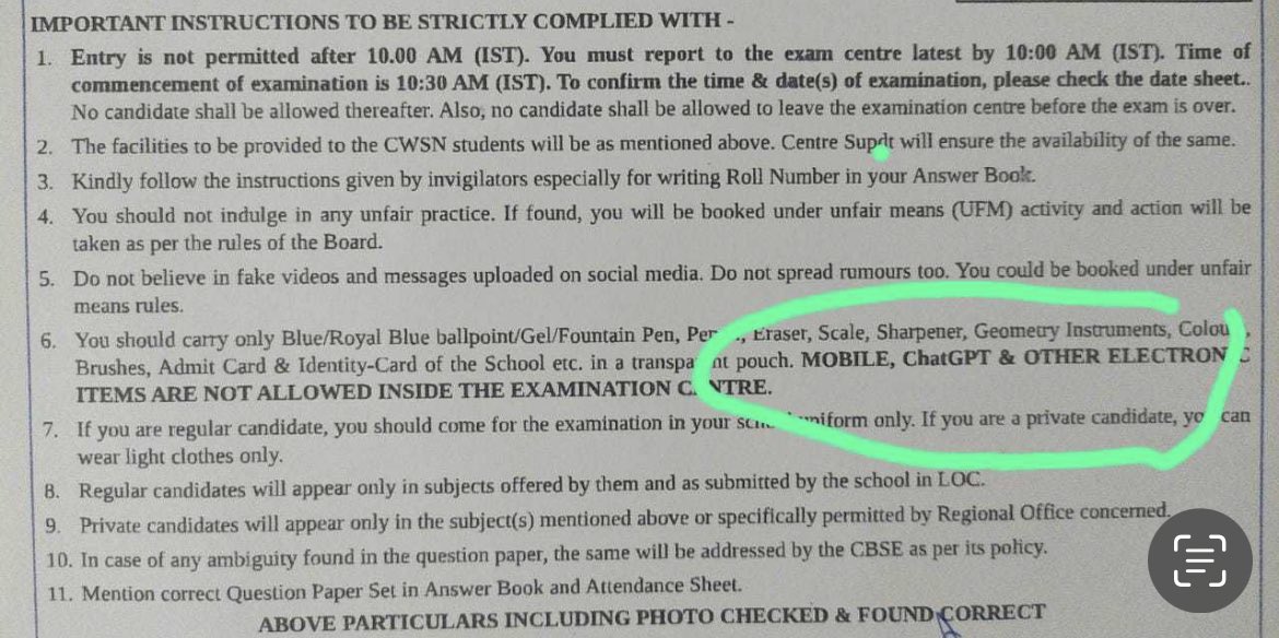sgaurav's tweet photo. CBSE board exam admit card now has a mention of ChatGPT 😳 https://t.co/uiXxfEHjTC