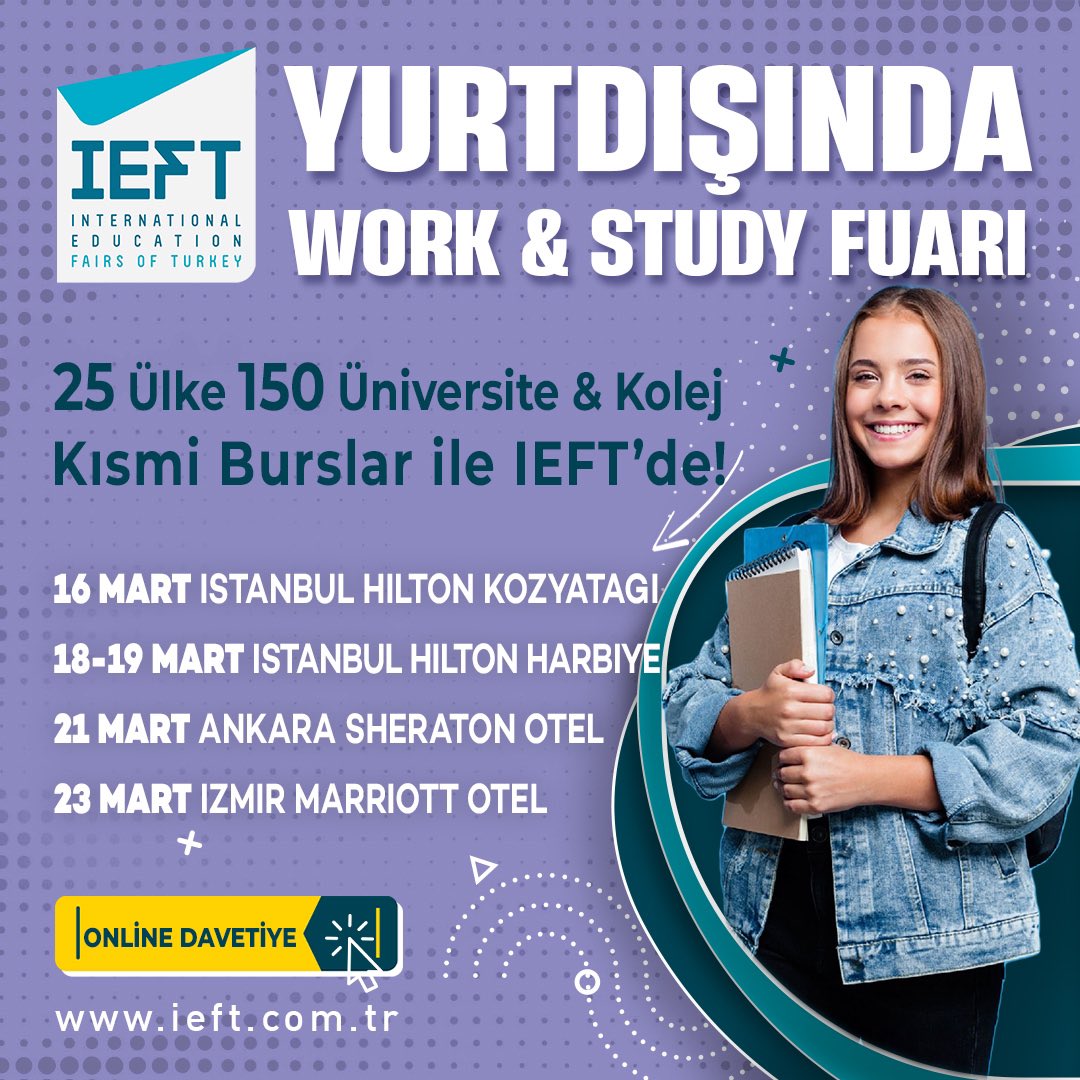 GlobalVizyon's tweet photo. IEFT Yurtdışı Eğitim ve Kariyer Fuarları 41. Kez Sizlerle Buluşuyor!

25 Ülkeden 150 Üniversite, Kolej ve Eğitim Kurumu ile Buluşmaya Hazır mısınız?
 
Online Davetiye ve detaylar için https://t.co/yyGQ6yrRLr

#yurtdisiegitim #yutdışıegitimfuarı #ieftfuarlari #yurtdışıüniversite https://t.co/1cc09Fzph5