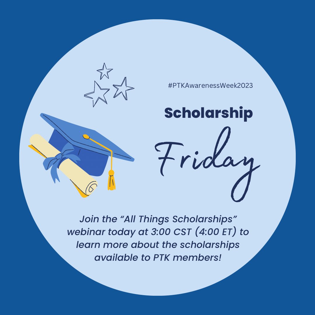 PsccPTK's tweet photo. Today is the last day of #PTKAwarenessWeek! Be sure to join the “All Things Scholarship” webinar hosted by PTK today at 3:00 CST (4:00 ET) if you’d like to know more about the scholarships available for PTK members. https://t.co/NXKQaIBeRx