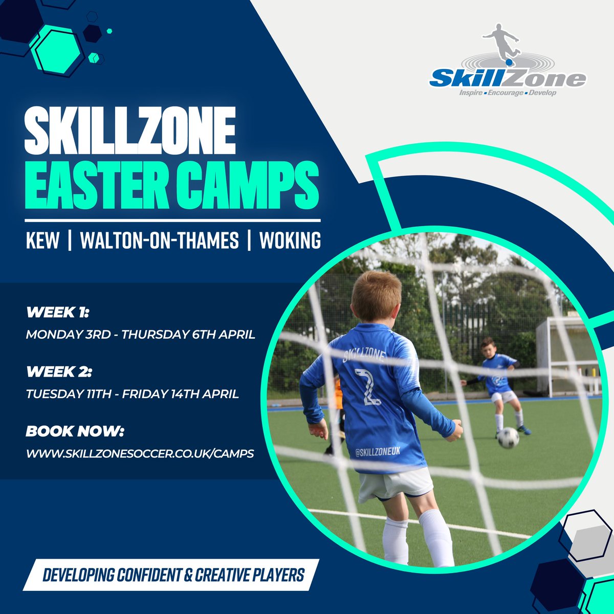 Places are now open for our Easter camps in Kew, Walton-on-Thames &amp; Woking! 🔥

Book your place 👇🏼
skillzonesoccer.co.uk/camps

#SkillZoneUK | Developing confident &amp; creative players

#Walton #waltononthames #Hersham #cobham #Woking #Surrey #holidaycamp #Kew #Richmond