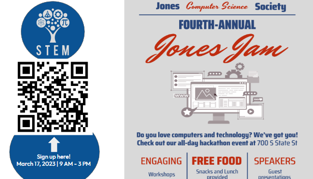 HS Opportunity! Sign up for the 4th Annual Jones Jam on March 17, 2023 | 9 AM - 3 PM @jonescollegeprep @cs4allcps #DoSTEM@cps