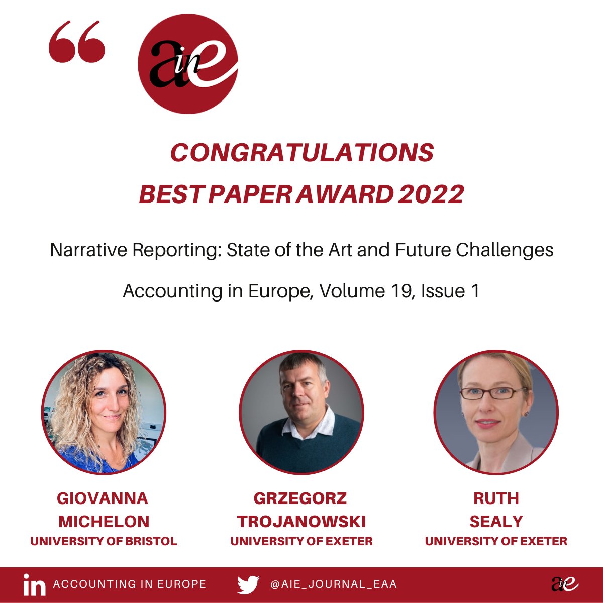 Accounting in Europe (@aie_journal_eaa) on Twitter photo <a href="/ProfGioMichi/">Giovanna Michelon</a> (@BristolUni_AcFi), Trojanowski and <a href="/RuthSealy/">Professor Ruth Sealy</a> (both <a href="/UofEBusiness/">University of Exeter Business School</a>) received the best paper award 2022 in #AccountingInEurope for their paper "#Narrative #Reporting: State of the Art and Future #Challenges"
Full paper at: doi.org/10.1080/174494…
<a href="/EAA_ARC/">EAA</a> #accounting <a href="/ProfGioMichi/">Giovanna Michelon</a> (@BristolUni_AcFi), Trojanowski and <a href="/RuthSealy/">Professor Ruth Sealy</a> (both <a href="/UofEBusiness/">University of Exeter Business School</a>) received the best paper award 2022 in #AccountingInEurope for their paper "#Narrative #Reporting: State of the Art and Future #Challenges"
Full paper at: doi.org/10.1080/174494…
<a href="/EAA_ARC/">EAA</a> #accounting