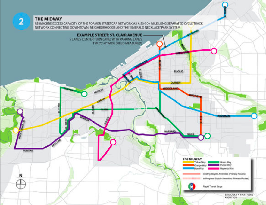 The Midway proposal would build a separated cycle track network on excess space in the middle of some of Cleveland's widest streets. The extra space came from the former streetcar network that operated in the first half of the 20th Century. <a href="/steven_litt/">Steven Litt</a> <a href="/NOACA_MPO/">NOACA</a>