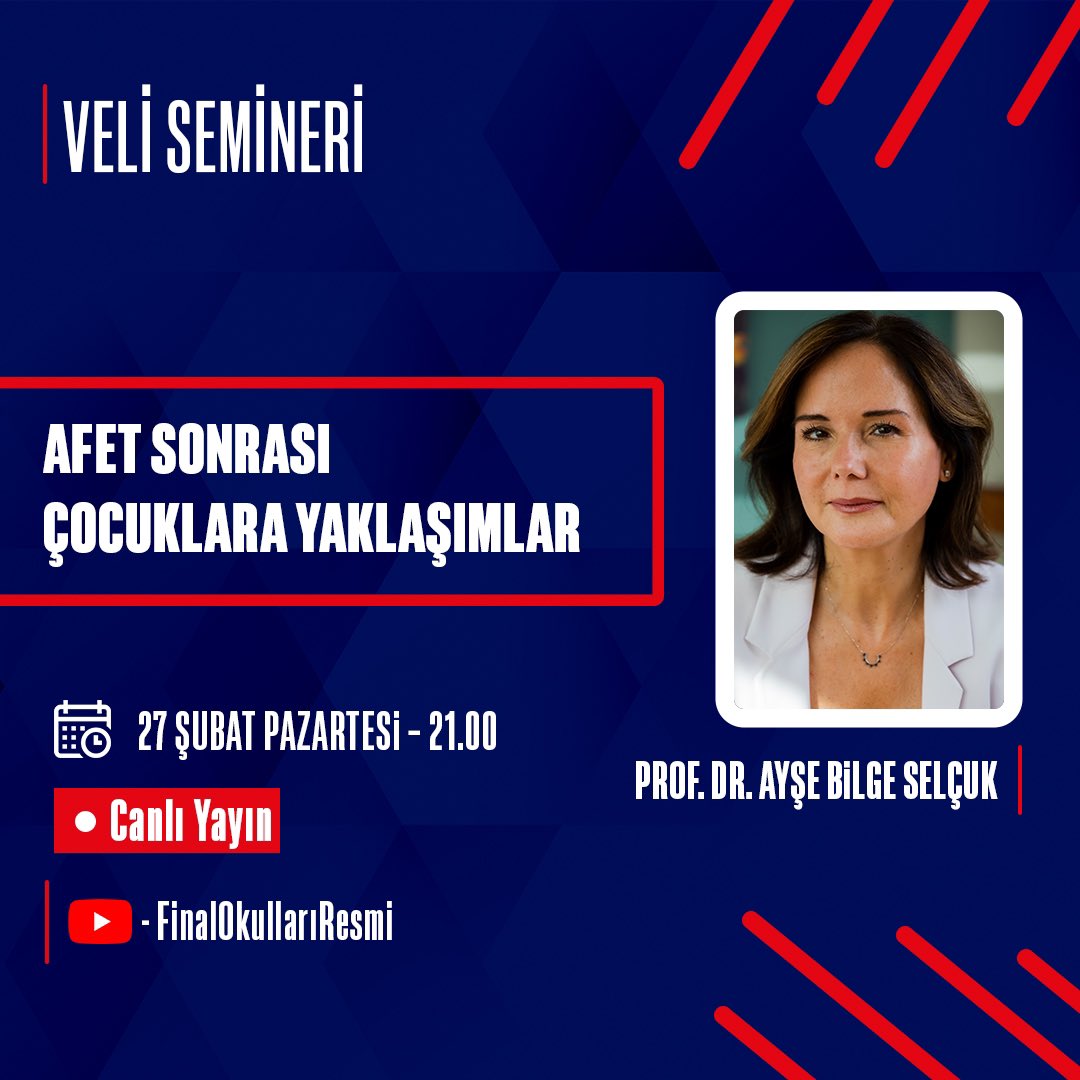 finalokullari's tweet photo. Prof. Dr. Ayşe Bilge Selçuk “Afet Sonrası Çocuklara Yaklaşımlar” konulu Veli Semineri ile velilerimizle buluşuyor. Youtube hesabımızdan canlı olarak yayınlanacak seminerimize tüm velilerimizi davet ediyoruz. 

📅 27 Şubat Pazartesi
⏰ 21:00
📍 FinalOkullarıResmi YouTube Hesabı https://t.co/Rp3hyHValR