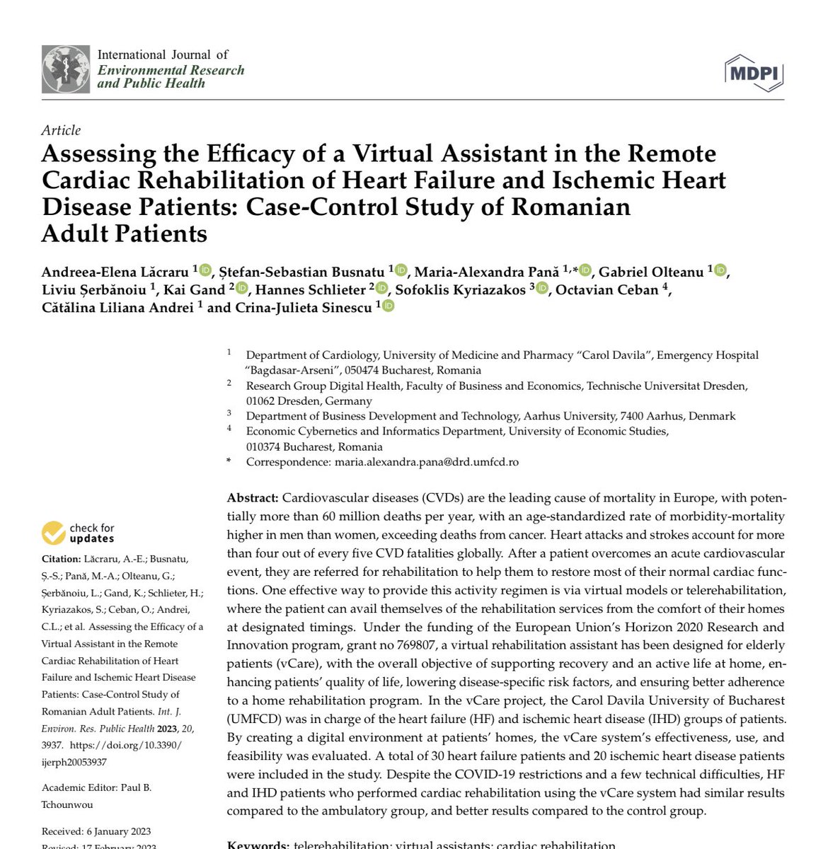 Just published our finals results of the Virtual Coaching Activities for Rehabilitation in elderly Project. It was a beautiful international collaboration and I am very proud to have been part of it. ▶️ https://www.mdpi.com1660-4601/20/5/3937