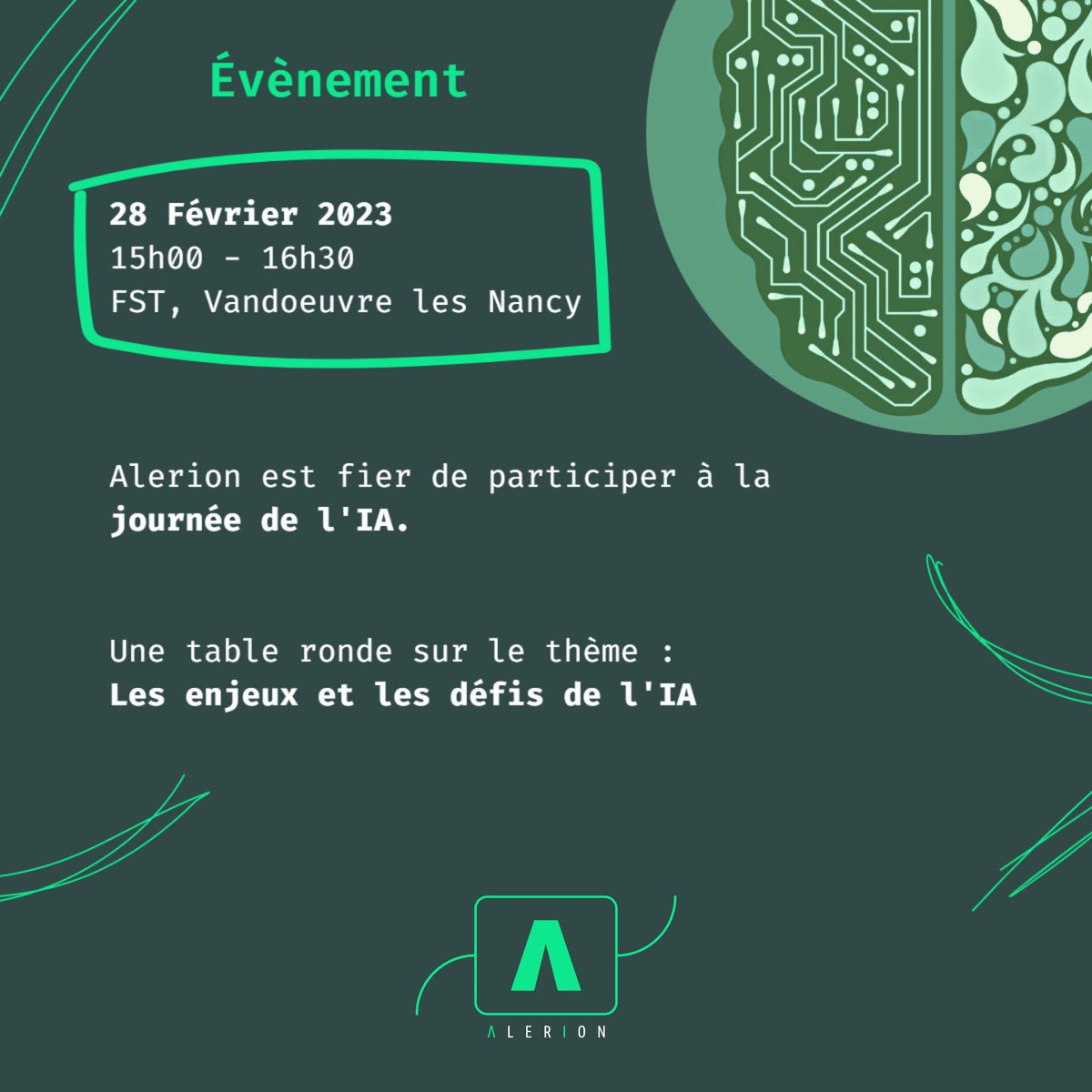 😊 Alerion est ravie de participer à cette journée scientifique autour de l’IA ! 🤖 
🤔Il sera question des enjeux et des défis de l’intelligence artificielle. Cette journée est organisée par l'Université de Lorraine, l'Université de Strasbourg et Grand E-Nov
