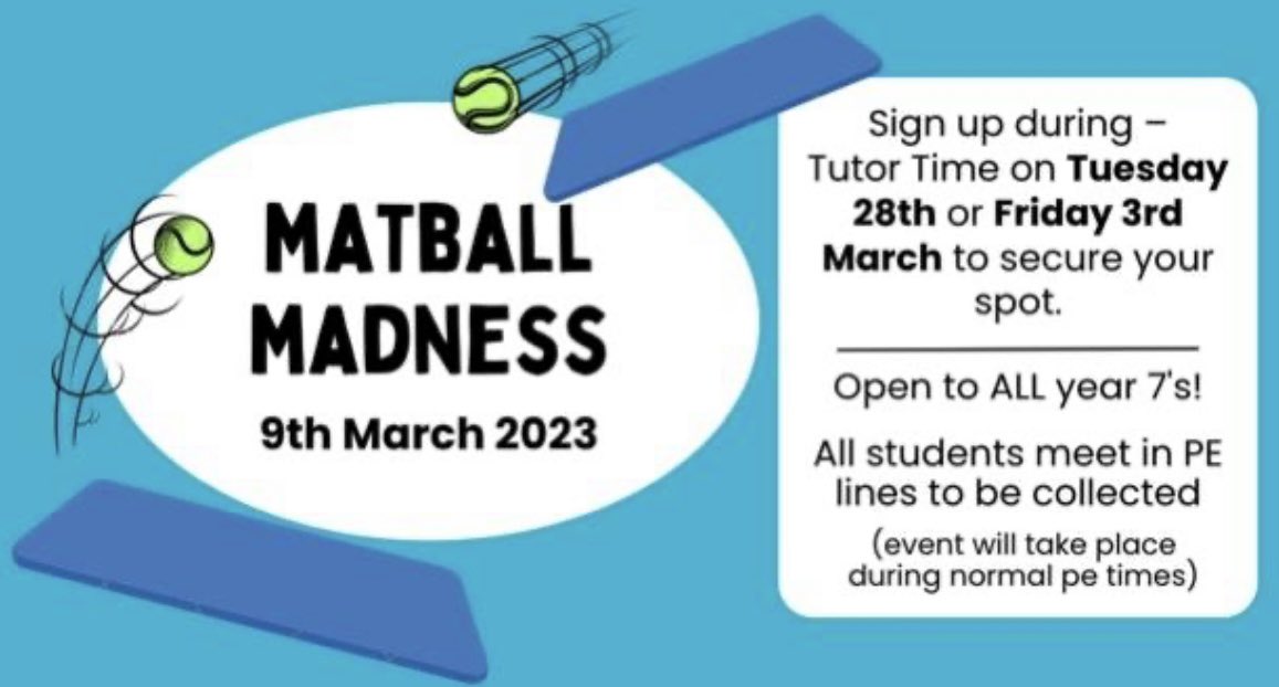 Attention @DMA_PE_Dept Yr7: Athena are running a house tournament to rival all others. #MatBallMadness will be held on the 9th March during 7x/7y PE lessons. It’s open to all Yr7s, so come down to the canteen during Tutor Time on Tuesday 28th Feb to sign up!