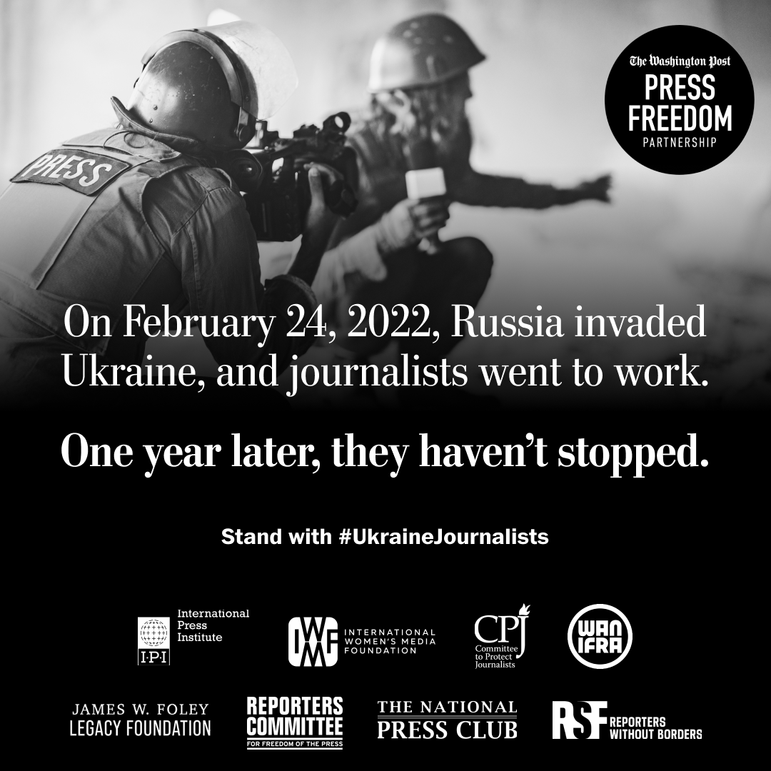 IWMF's tweet photo. Thank you to the journalists on the ground continuing to give us critical reporting and context a year after #Russia began its brutal invasion of #Ukraine.
At least 13 journalists have been killed covering the war — and many more injured. We stand with #UkraineJournalists. https://t.co/AHENqg4llK
