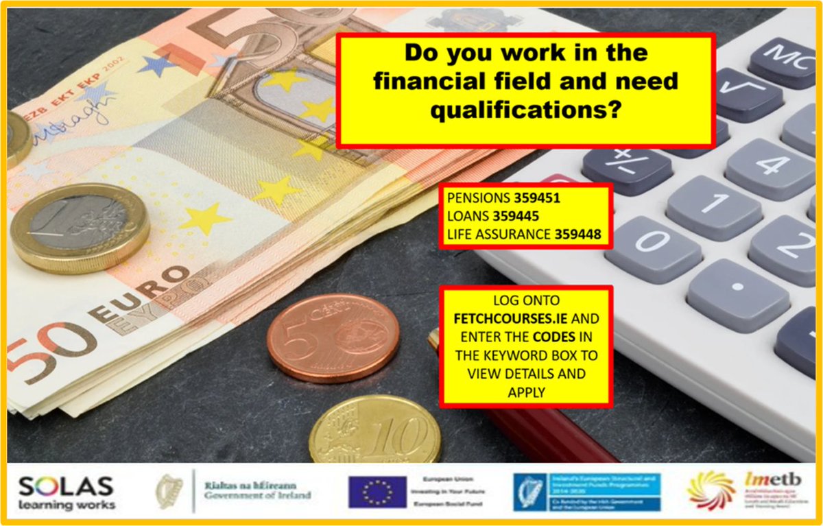 RSTCdlk's tweet photo. Do you work in the financial field and need qualifications? We are running the following courses, Pensions, Loans and Life Assurance. Log onto https://t.co/PLRwTnkwdh and enter the code.
#RSTC #RegionalSkillsandTrainingCentre #YourFutureStartsHere #FetchCourses #QFA https://t.co/f4KKcAwTCb