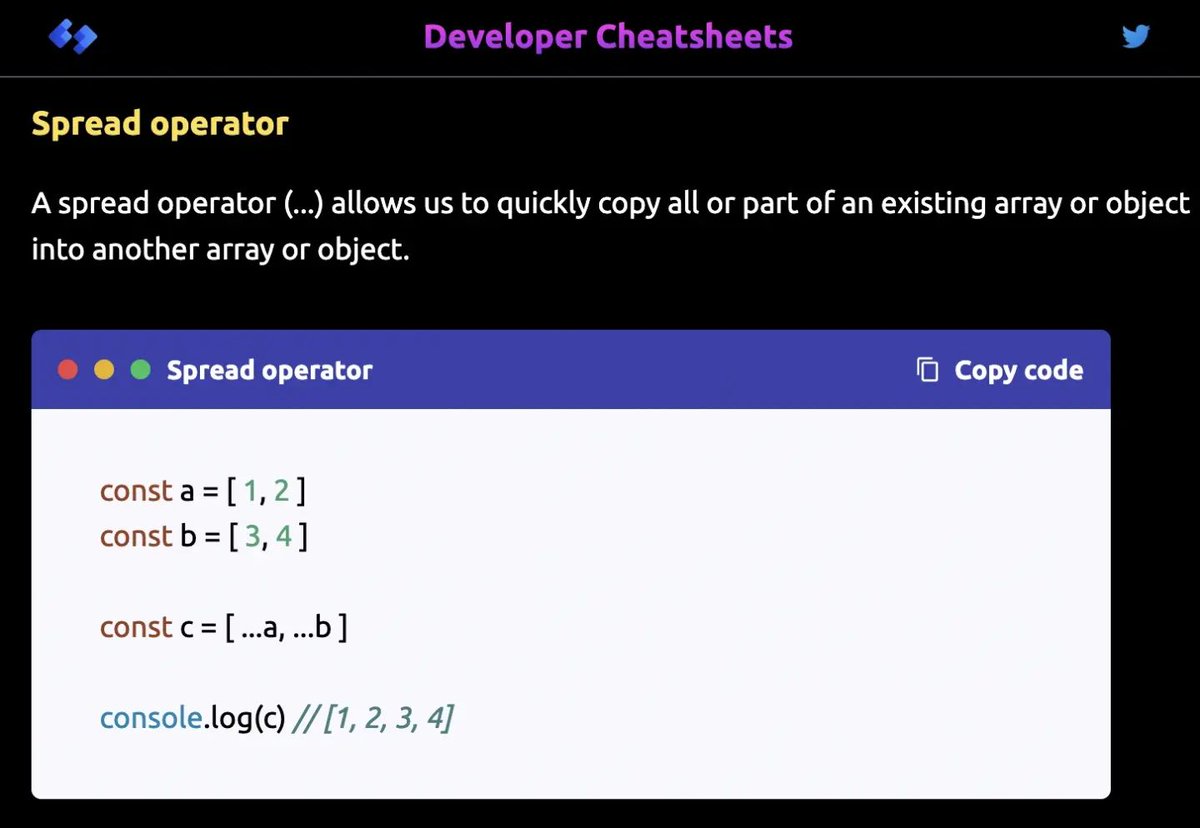 DevCheatsheets's tweet image. ES6 spread operator - daily dose of JS.

Web Dev cheatsheets @ developercheatsheets.com

#webdevelopment #developer #cheatsheets #javascript