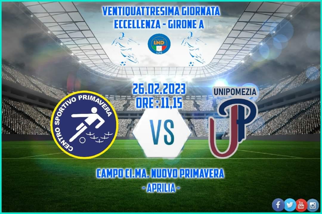 SportivoCentroP's tweet image. [ ECCELLENZA ] ⚽️ #BigNextMatch
Centro Sportivo Primavera 🆚UniPomezia 1938
📌- Domenica 26 Febbraio 2023
⏰- Calcio d’inizio ore 11,15
🏟 - Campo Ci.Ma. Nuovo Primavera - Via delle Valli - Aprilia (LT)
- ⚠️Partita A PORTE CHIUSE⚠️ 
- Arbitro Di Giuseppe - Fr -