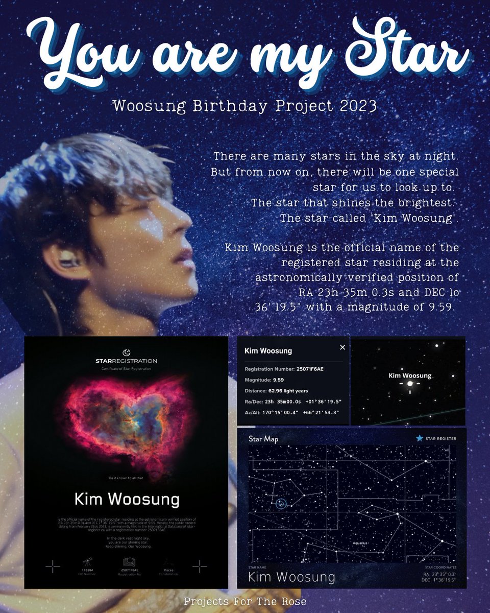 project4therose's tweet photo. [PHASE 5]
You are my Star

In the dark vast night sky, you're our shining star. 

Kim Woosung is the official name of the registered star residing at the astronomically verified position of RA 23h 35m 0.3s and DEC 1° 36' 19.5" w/ a magnitude of 9.59. 

Happy Birthday Kim Woosung! https://t.co/x1lxBn8cYc