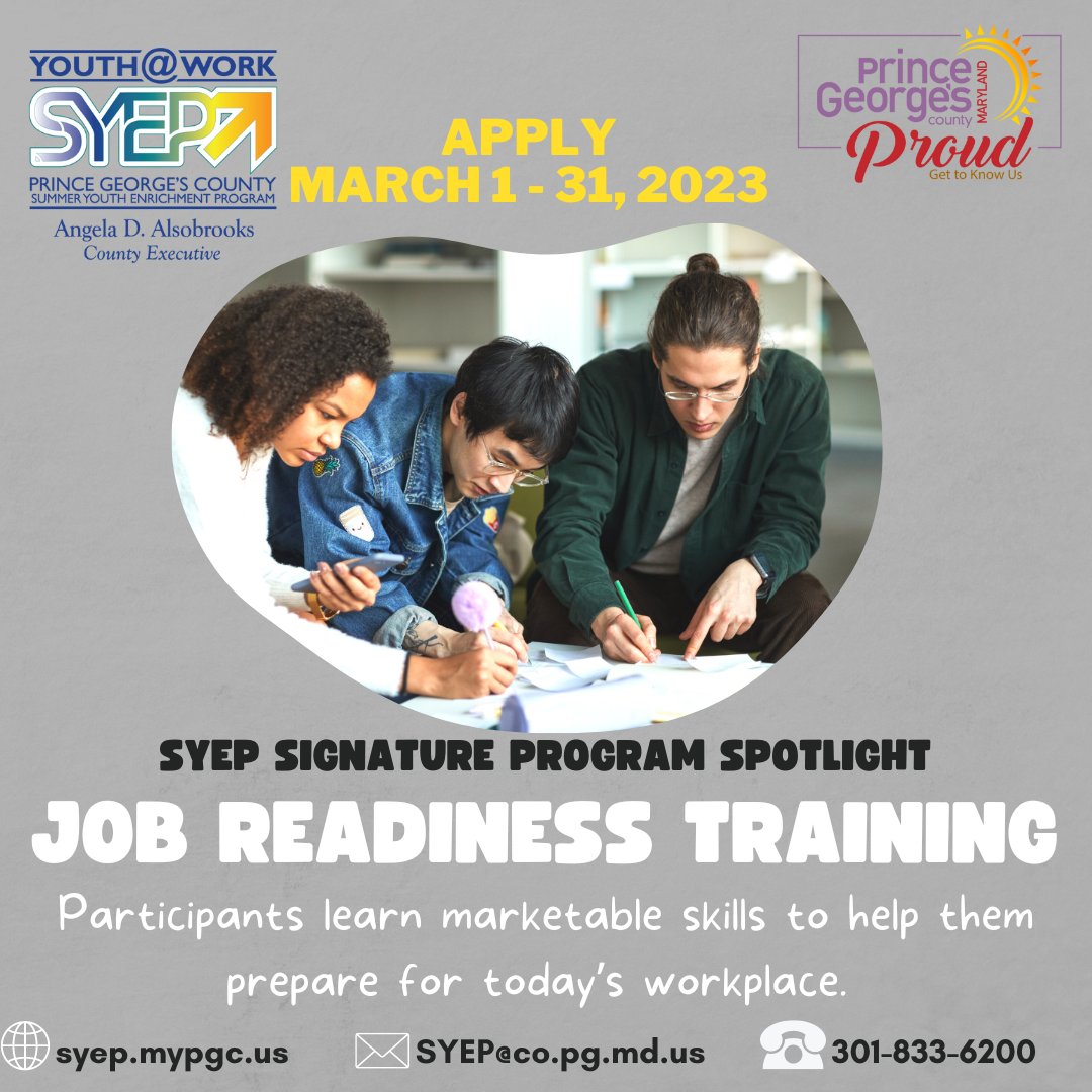 Want to learn more about preparing for the workforce?  The SYEP Job Readiness Training Signature Program would be a great opportunity for you!  Apply March 1 - 31.  #PGCSYEP #PrinceGeorgesProud #SummerJobs