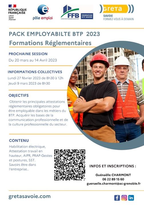 [#TousMobilisés] pour l'#emploi 

L'agence @poleemploi_ara #Chambéry Grand Verger organise une ℹ️ avec la <a href="/FFB_BTP_Savoie/">Fédération BTP Savoie</a> dans le cadre du lancement d'une #formation pack employabilité TP animée par <a href="/lesgreta/">Greta Formation - Académie de Grenoble</a> 

Inscription mesevenementsemploi.pole-emploi.fr/mes-evenements… 

#AvecPôleEmploi #Savoie #BTP