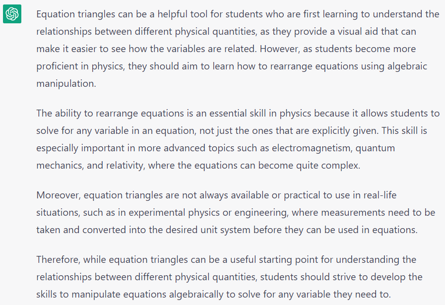 Hookean1's tweet photo. I asked ChatGPT if you should use equation triangles in Physics or just learn to rearrange equations 😉 https://t.co/nZ0glpHGDM
