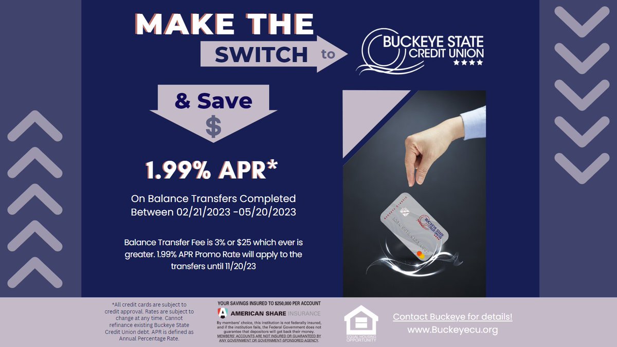 buckeyecu's tweet photo. There has never been a better time to join Buckeye!! Make the switch and save big with 1.99% interest until November 20, 2023!! #BankingDoneDifferent #BuckeyeStateCreditUnion #BSCU #CreditUnionLife #CUDifference #CommunityBanking #CreditCard #CreditRepair #DifferentOnPurpose https://t.co/1NFN12aQwk