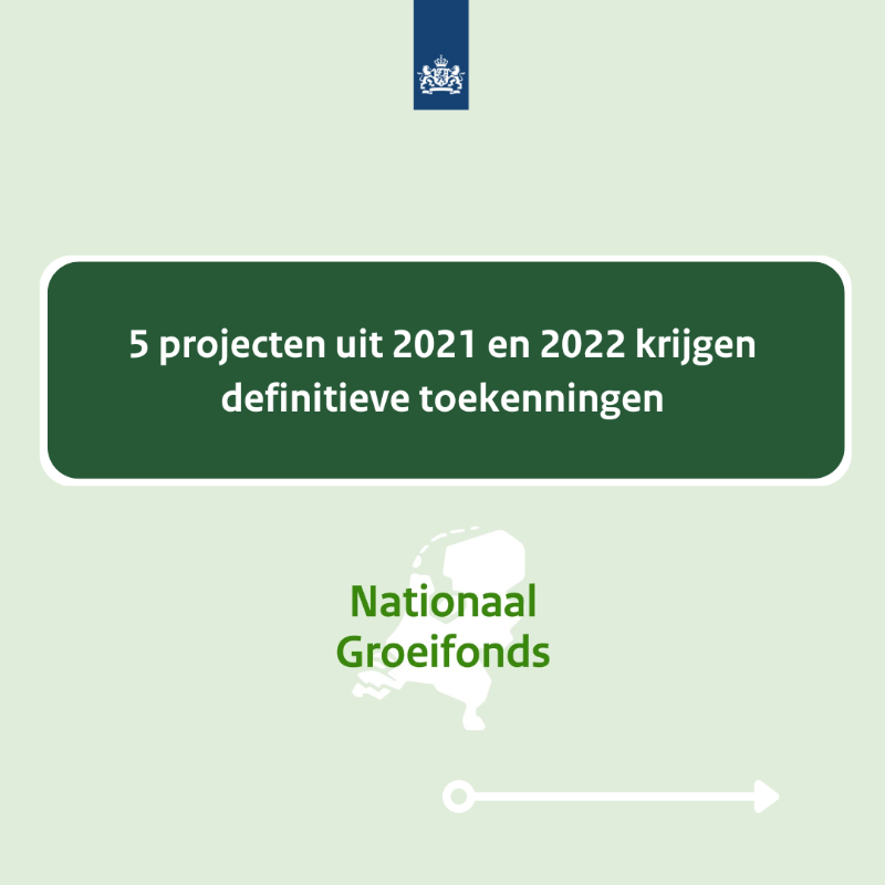 N_Groeifonds's tweet photo. Vandaag hebben 5 NGF-projecten uit de 1e ronde van 2021 en de 2e ronde van 2022 goed nieuws gehad, hun eerdere reservering is omgezet naar een definitieve toekenning.

Benieuwd om welke projecten het gaat? Bekijk de slider hieronder.

 #NationaalGroeifonds