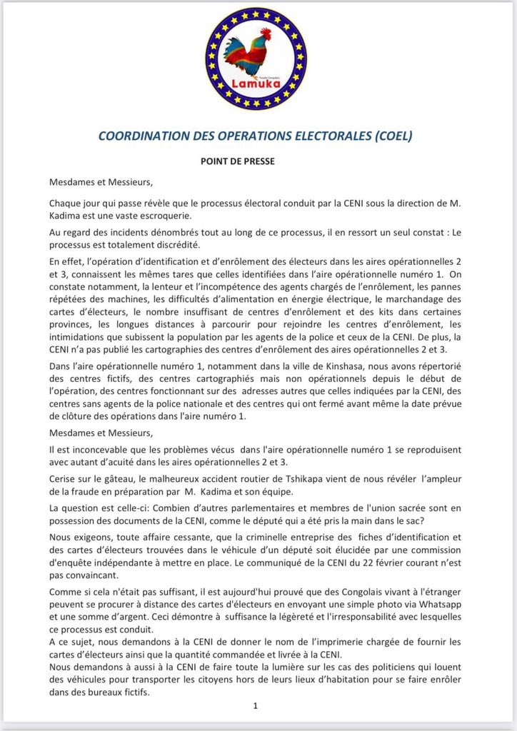 ligablo_co's tweet image. 🇨🇩 🗳️ 🪪 FLASH | Élections en RDC : La coordination des opérations électorales de #Lamuka a accusé Denis #Kadima et la #CENI de préparer l’implosion du pays à travers un nouveau hold-up électoral.