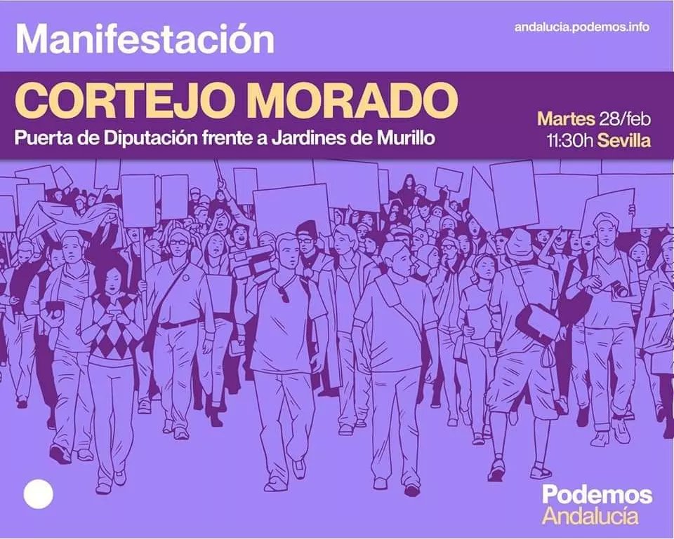 Podemos_Mijas's tweet photo. MANIFESTACIÓN UNITARIA
ANDALUCÍA POR LO PÚBLICO Y LA PAZ 🕊
Vente a Sevilla Súmate al Cortejo Morado.
CARAVANA DESDE MÁLAGA:
Si quieres asistir a la manifestación desde Málaga, llámanos o envíanos un whatsapp al 👉📱 744607425
#SíSePuede 💜

🐤 Twitter 
🔵 Facebook 
📸 Instagram https://t.co/aY7gIu3nsV