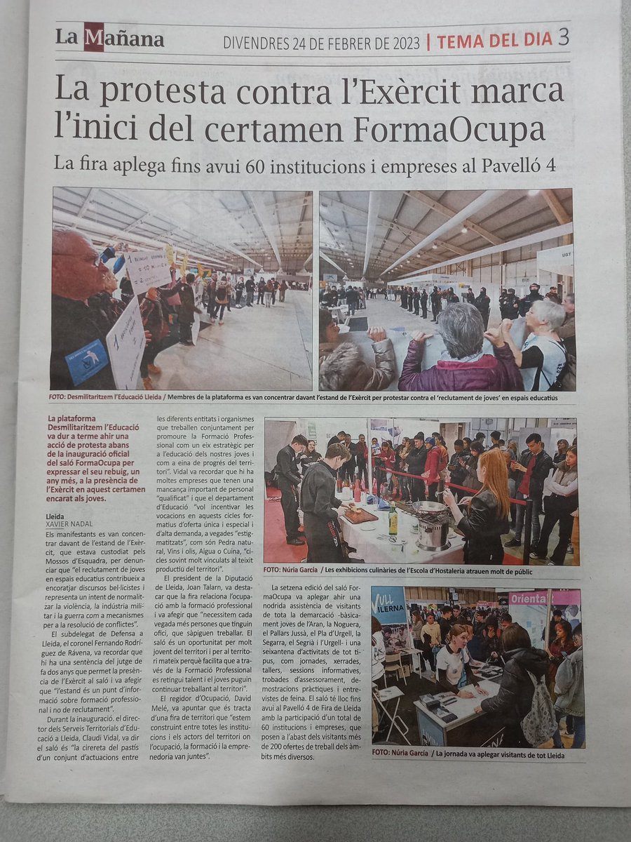 L'exèrcit sols incentiva la guerra, la misèria i la destrucció #FormaOcupa #Lleida

FORA L'EXÈRCIT DE LES NOSTRES ESCOLES.

#LesArmesNoEduquen
#AturemLesGuerres
#LLUITANOVIOLENTA

<a href="/desmilitarlleid/">Desmilitaritzem Lleida</a> <a href="/la_IAC/">IAC</a> <a href="/USTECSTEsLLEIDA/">USTEC·STEs LLEIDA</a> <a href="/CoordONGDLleida/">Coordinadora d'ONGD de Lleida</a> <a href="/LluitaNV/">Lluita noviolenta</a> <a href="/MMonicabatalla/">Mònica Batalla</a> <a href="/lluis_llach/">Lluís Llach</a>