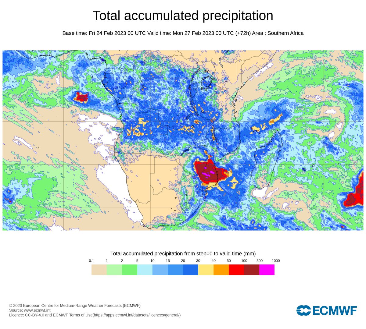 WMO's tweet photo. #Freddy made landfall in #Mozambique as severe tropical storm
Cumulative rainfall of 200 to 300 mm and locally 500 mm in 72 hours in worst hit parts of Mozambique and #Zimbabwe
Big risk of floods and landslides
#EarlyWarningsforAll
🔗https://t.co/XVszqhVx5U
Chart @ECMWF https://t.co/HME1RRJSti