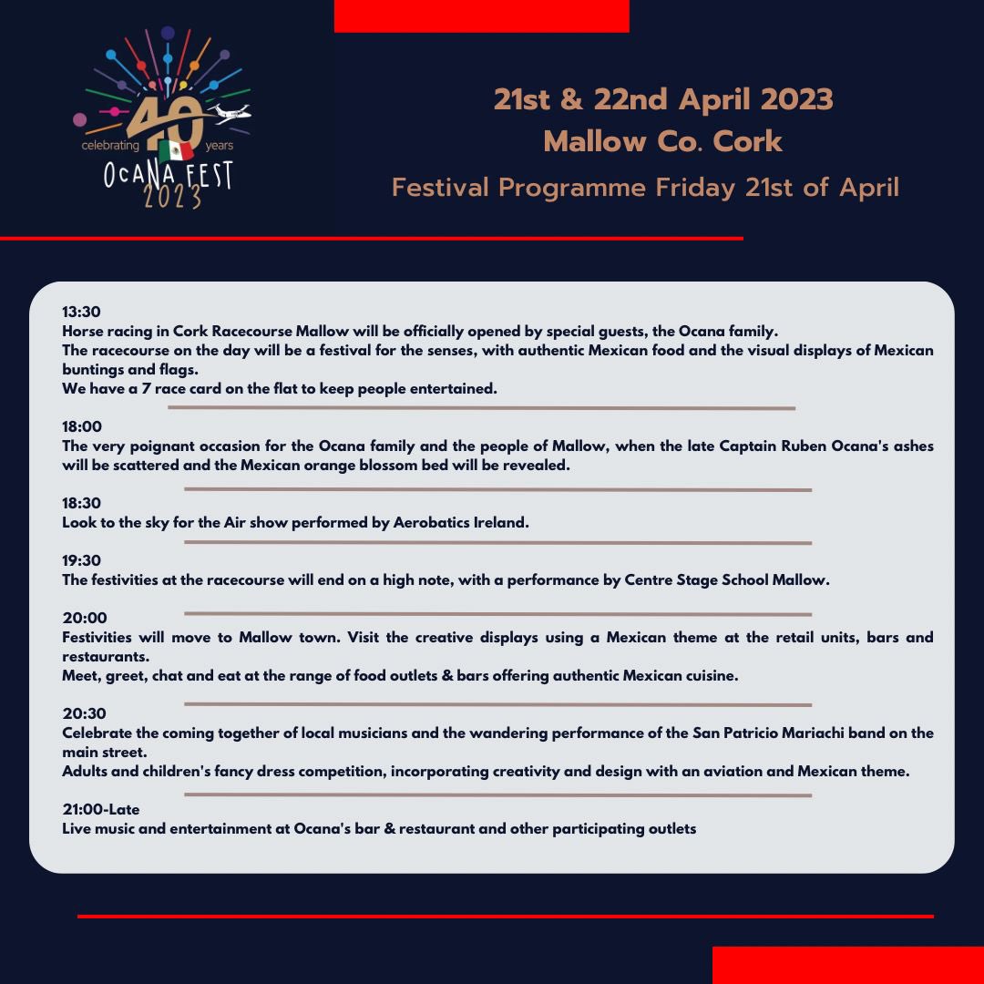 corkracecourse's tweet photo. Mark Friday April 21st and Saturday 22nd in your diary! 

Ocana Fest is coming to Mallow. 

Celebrating the 40 year anniversary of the emergency landing by Captain Ocana here at the racecourse. 

Check out the full programme of events ⬇️ https://t.co/shJmkgoFtA
