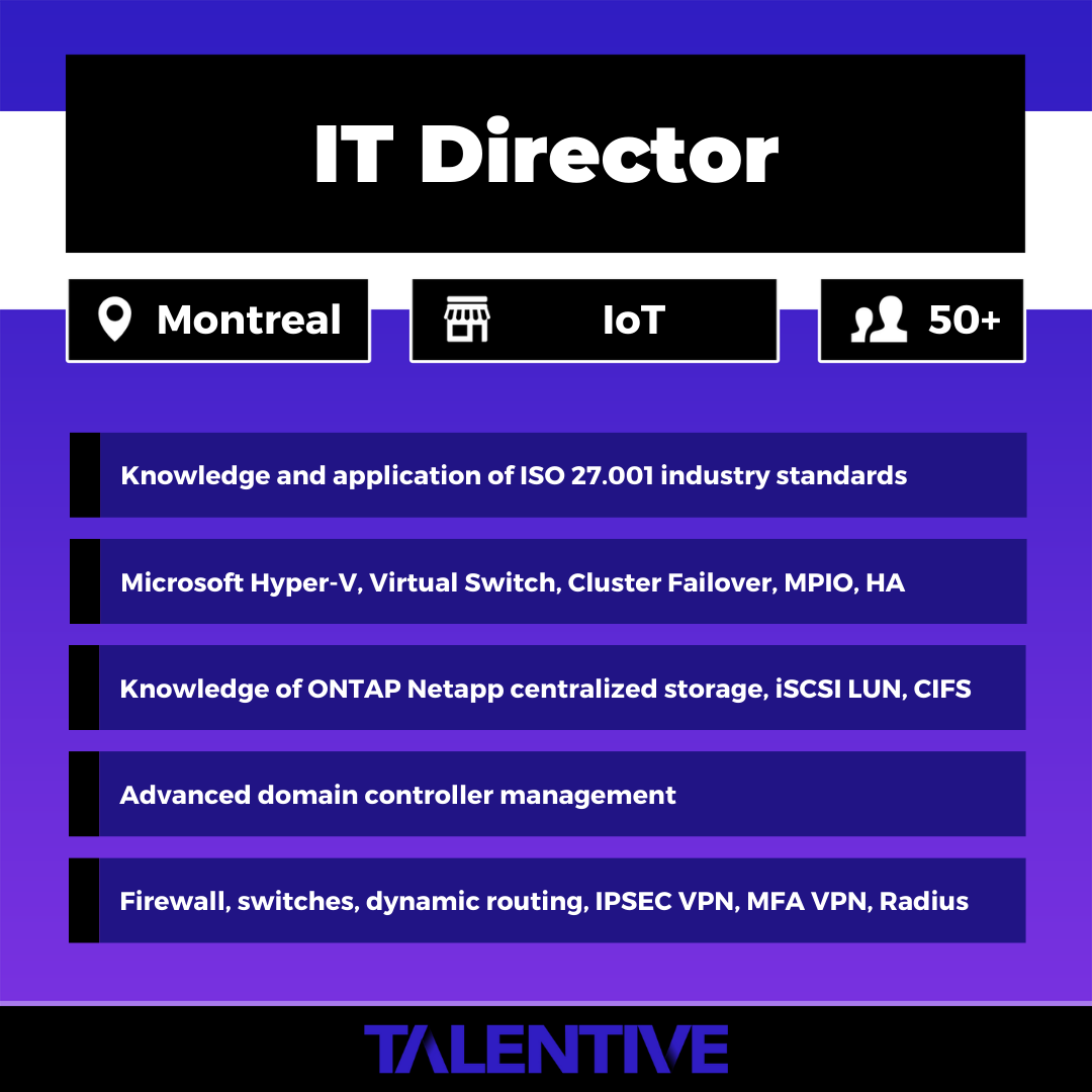 TalentiveINC's tweet photo. 🚀 New Job Alert
🔎 IT Director
📝 Full Description
https://t.co/xPC1Ry7oyw

#iso27001 #iso27001certification #ITDirector #DirecteurTI #InfrastructureJobs #Montreal #MontrealJobs #Talentive #itsecurity #cybersecurity #cybersec #network #system #hyperv #cluster #virtualswitch https://t.co/HEBfYHwmGK