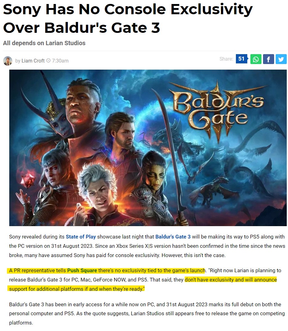 Sony Has No Console Exclusivity Over Baldur's Gate 3