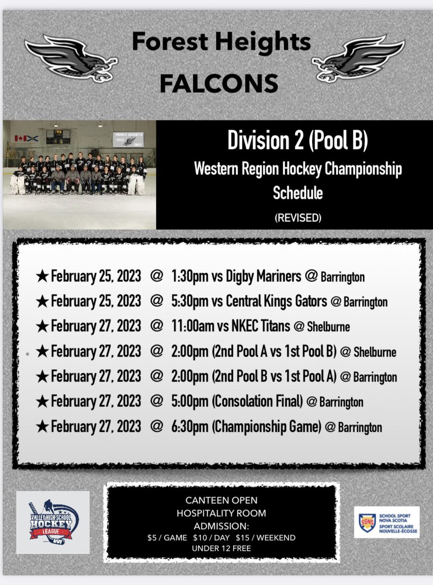 FHCSBHOCKEY's tweet photo. Clare is out and there are a few more changes to the schedule. Let’s go play some hockey Falcons! https://t.co/ZJ1b8pi4Tc