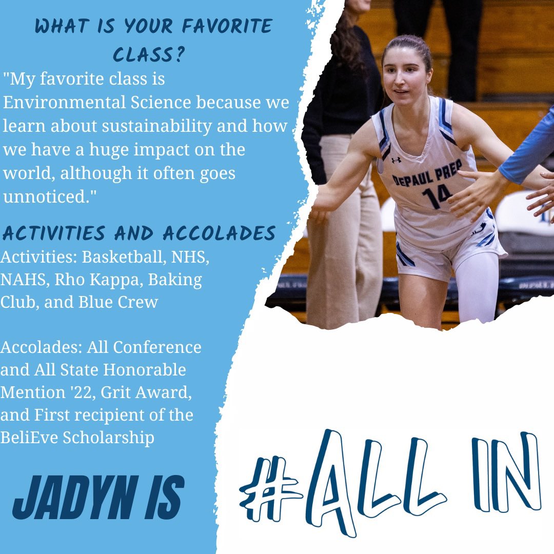 depaulprepadmis's tweet photo. Happy Friday! Check out our student of the week, Jadyn Kosanic! Fresh off of a varsity basketball sectional win last night, Jadyn is #ALLIN 🏀 https://t.co/CjwfLWOxp1