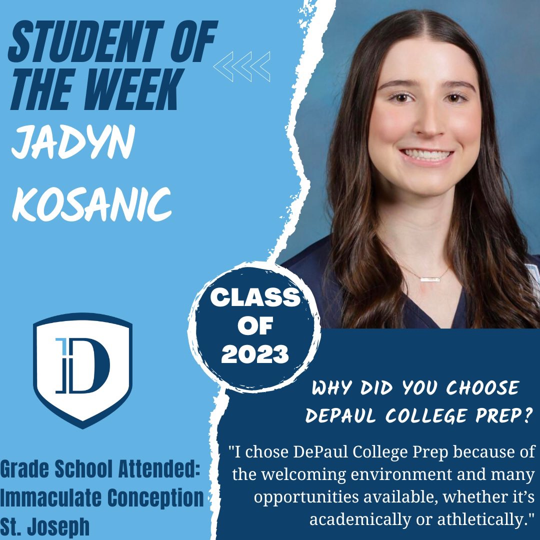 depaulprepadmis's tweet photo. Happy Friday! Check out our student of the week, Jadyn Kosanic! Fresh off of a varsity basketball sectional win last night, Jadyn is #ALLIN 🏀 https://t.co/CjwfLWOxp1