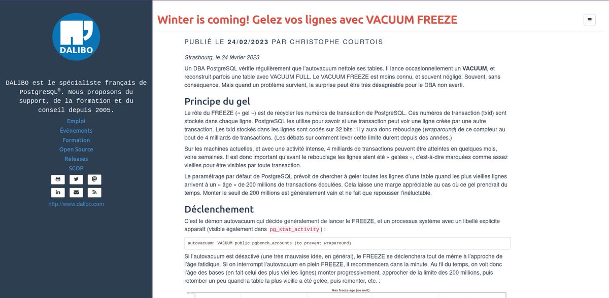 DALIBO (@dalibo) on Twitter photo Couvrez-vous, notre #DBA <a href="/krysztophe/">Christophe C</a> vous dit tout sur la commande FREEZE, une variante de VACUUM pas très connue => dali.bo/202302_vacuum-…
#PostgreSQL #SGBD Couvrez-vous, notre #DBA <a href="/krysztophe/">Christophe C</a> vous dit tout sur la commande FREEZE, une variante de VACUUM pas très connue => dali.bo/202302_vacuum-…
#PostgreSQL #SGBD