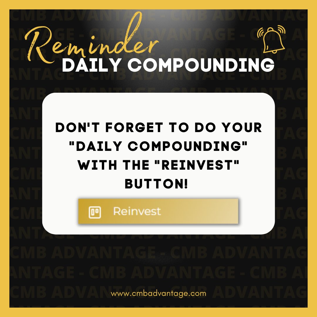 CMBAdvantage's tweet photo. 🎗️ REMINDER: Don't forget to do your "Daily Compounding" with the new "reinvest" feature!

https://t.co/ABht9hMKcX 💸

#cmb #crypto #cryptocurrency #cryptotrading #cryptoexchange #cryptonews #ai #compounding #dailycompounding #reinvesting #reinvest https://t.co/5LwihsxH8e