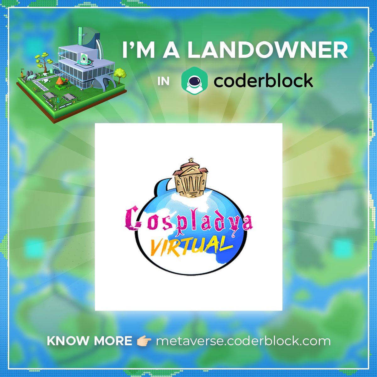 Cospladya's tweet photo. We're a Landowner in @coderblock! 🥳 

La prima fiera virtuale nel Metaverso. Come sempre, ci piace essere pionieri di nuove, incredibili avventure.

Ci vediamo presto nel #metaverso... 🌍 https://t.co/r64YKwQmsF