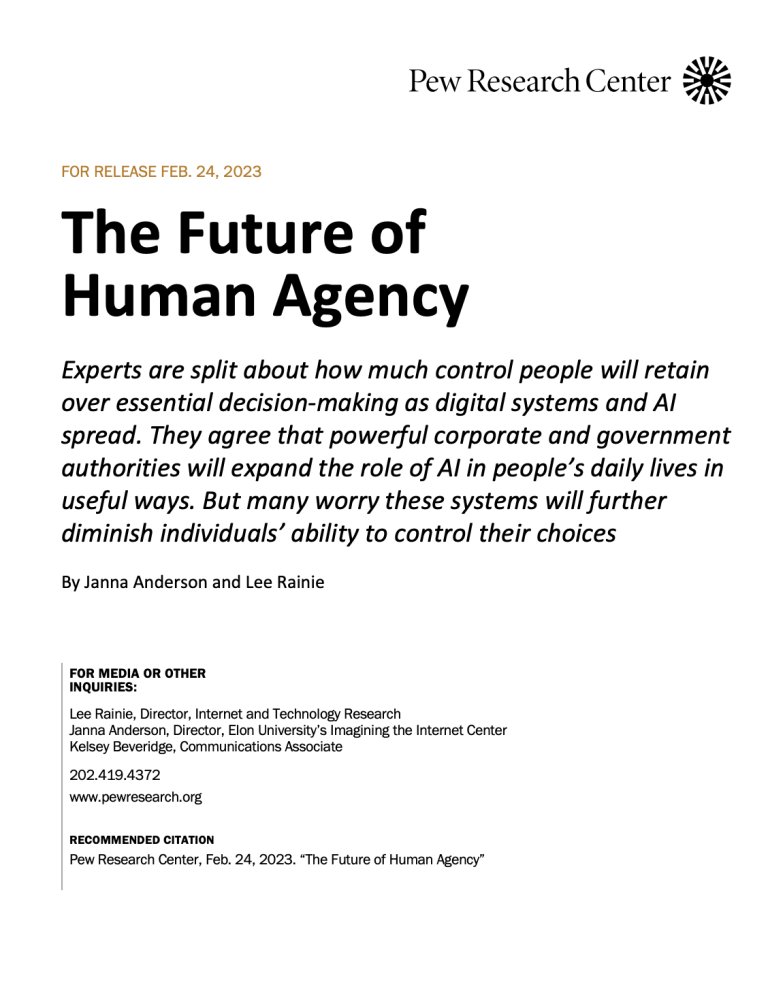 What is the future of human agency? See 500+ experts’ opinions, including: @vgcerf @Dan_Schiff @oj_kunle @leah53 @goffi_emmanuel @panoptikon360 @jahendler @gbolles @wendellwallach @james_hanusa @ghadfield @jilltext @compthink @downes @natematias @jonl bit.ly/FutureOfHumanA…