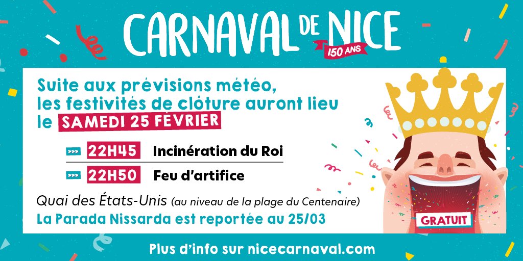 NiceCarnaval's tweet image. 🎉The show must go on 🎉

⚠️🌧En raison conditions météorologiques (épisodes de pluie, rafales de vent de plus de 40km/h, houle importante) annoncées par @meteofrance pour ce dimanche 26 février 2023, nous adaptons le programme de nos festivités.