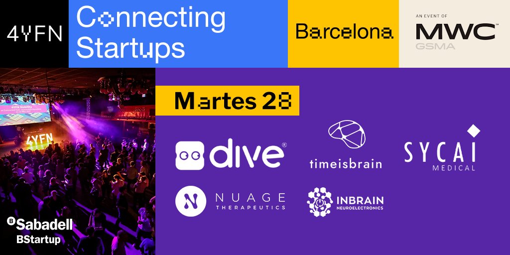 BStartup's tweet photo. Nuestras participadas #BStartupHealth os esperan en nuestro stand @BStartup @BancoSabadell en la segunda jornada @4YFN_MWC #4YFN23.
Acércate y conoce los disruptivos proyectos de @DiveMedical, #TimeIsBrain, @SycaiT, #Nuage e #InbrainNeuroelectronics https://t.co/SO0p2jXArf https://t.co/Q634UgA1dw