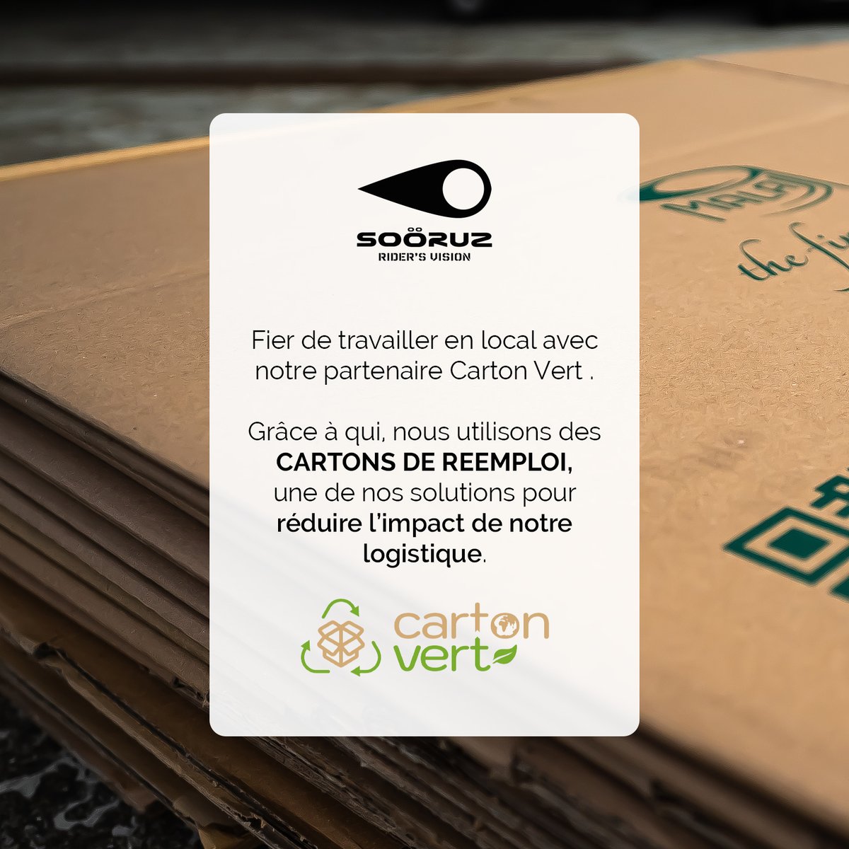 Dans le cadre de la réduction de l’impact de notre activité, la logistique est un sujet important. Nous sommes heureux d'utiliser des cartons issus de réemploi pour une partie de nos expéditions. Merci à notre partenaire local Carton Vert ! ♻