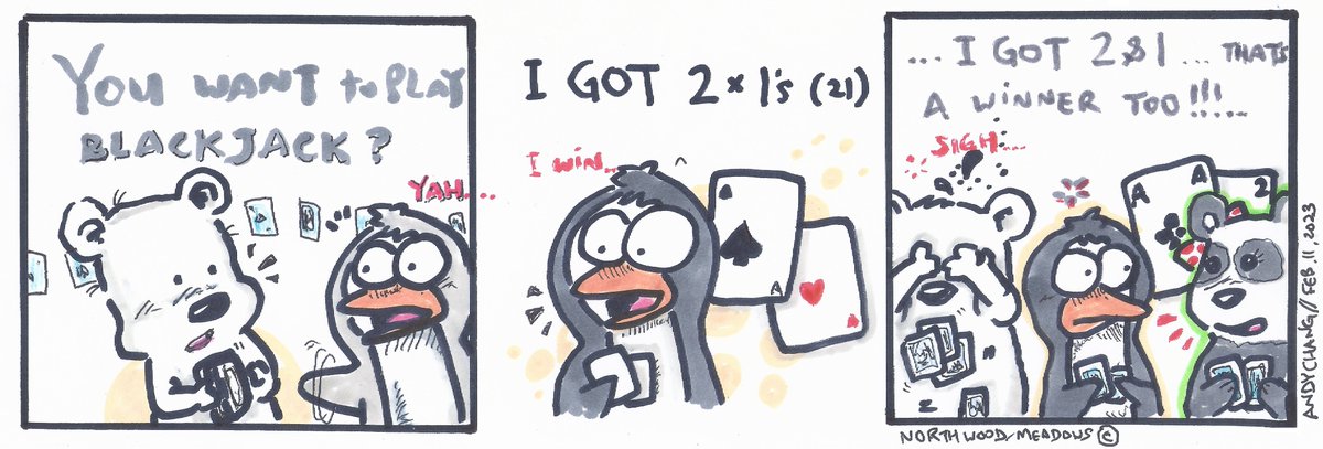 chalkboardcomic's tweet photo. Blackjacked... #northwoodmeadows #andychang #comics #comicstrip #gamblingtwitter #gambling #blackjack #gaming #Twoones #twoandone #confused #playingcards https://t.co/lfh6v1mnOU
