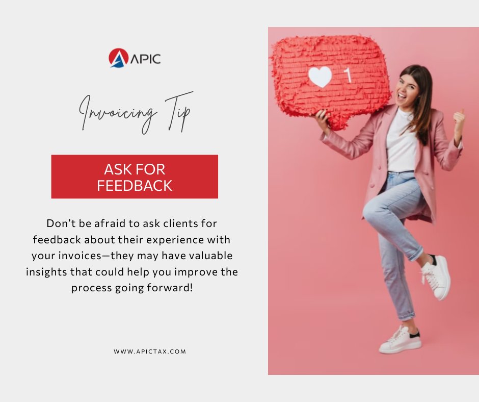 apic_tax's tweet image. A great way to ensure your invoicing process is as efficient and effective as possible? Ask for feedback from customers! 

Find out what they think of the process and learn how you can make improvements.  #invoicingtips  #customerfeedback