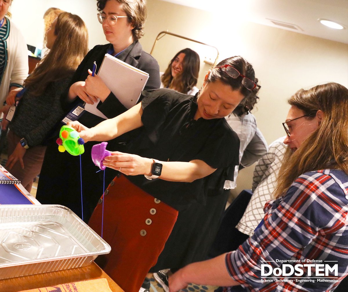 DoW_STEM's tweet photo. Charlotte George (@NSWCCarderock) and Tom Jenkins, an Albert Einstein Distinguished Fellow, demonstrate the Seaworthy STEM-in-a-Box: Classroom Resources for Educators. The kits include student activities connected to real-world applications #STEMExchange #LeverageforImpact https://t.co/JeZA6tzWoh